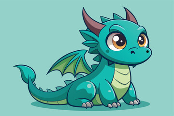 Naklejka premium Cute Cartoon Dragon Sitting Down with Big Eyes and Small Wings