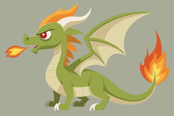 Fototapeta premium Cartoon Green Dragon with Fire Breath and Tail Flame Illustration