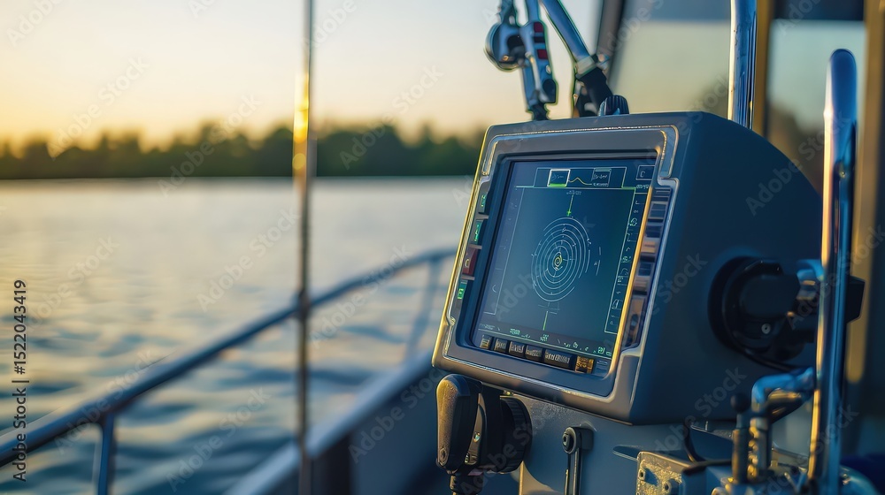 Poster Navigating waters marine technology river setting digital display evening light close-up modern navigation concepts