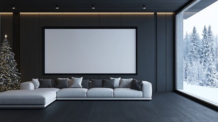 Modern Living Room with Christmas Tree, Snowy Landscape View