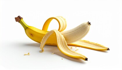 Peeled banana lying on a white background with fresh yellow skin visible