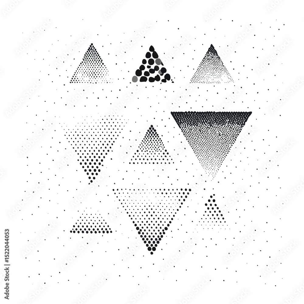 Poster abstract geometric illustration featuring multiple triangles with varying patterns and dot textures 