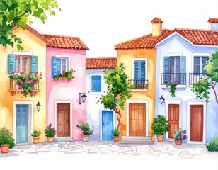 Small traditional stone house in a Mediterranean village with flowers and wooden door