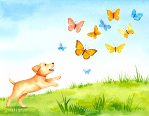 Cute dog sitting in the grass looking at a butterfly