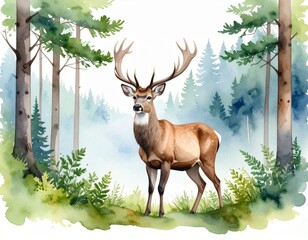 Deer standing in a quiet forest with antlers and natural woodland background