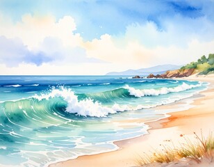 Tropical beach with palm trees blue sky and ocean waves