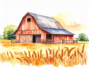 Old red barn in a grassy rural field under a blue sky