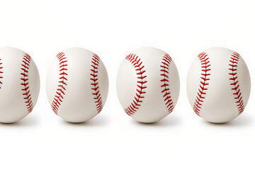 Four pristine baseballs arranged in a row against a stark white background showcase the classic design and texture of this popular sporting equipment perfect for sports themes or product displays.