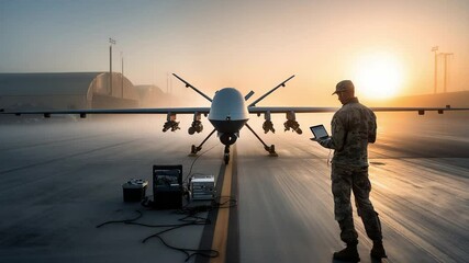 Military Personnel Engaged in Operating a Drone at Dawn During Sunrise - Powered by Adobe