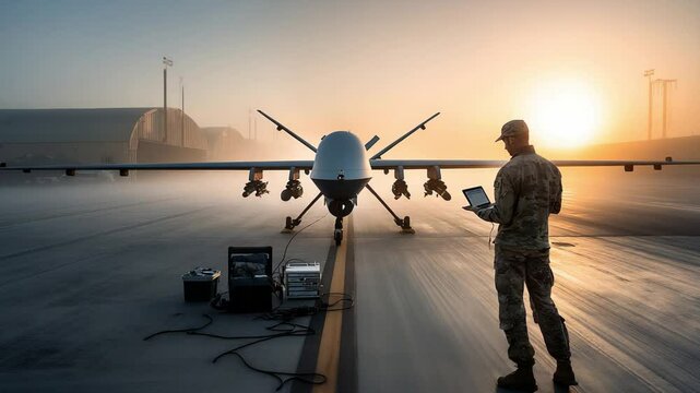 Military Personnel Engaged in Operating a Drone at Dawn During Sunrise