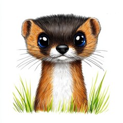 Adorable Cartoon Weasel Portrait with Blue Eyes in Green Grass