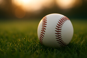 A gleaming baseball rests on lush green grass at sunset, capturing the essence of summer evenings and the thrill of America's pastime; perfect for sports, leisure, and advertising.