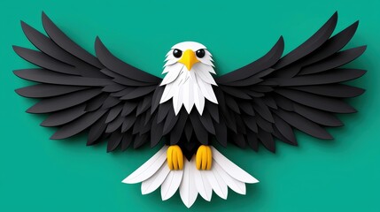 Fototapeta premium Paper Art Eagle Black And White Avian With Spread Wings on Teal
