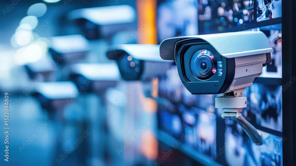 Poster surveillance camera installation in modern office space technology showcase high-definition monitori