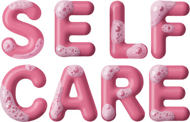 Self care pink bubbly text design for wellness and mental health awareness and relaxation practice editable stock vector illustration