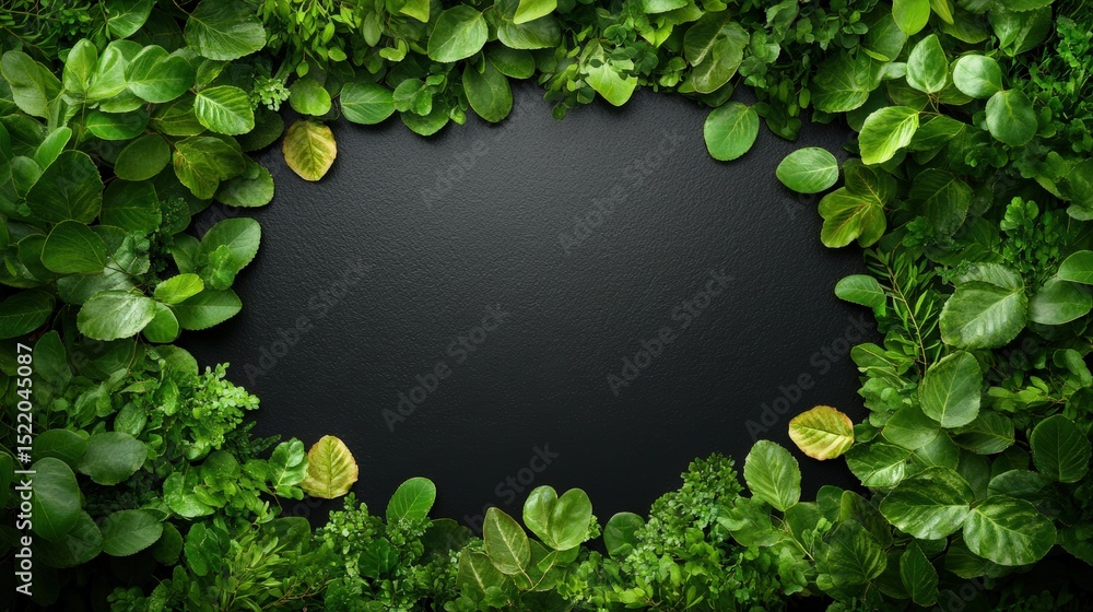 Poster lush green foliage border surrounding a black empty space in the center for natural design backgroun