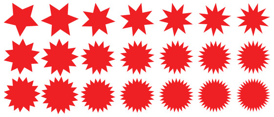 Set of red starburst. Price sticker, sale sticker, price tag, starburst, quality mark, sale or discount sticker, sunburst badges, sun ray frames, promotional badge set. Zigzag sticker. red circle tag
