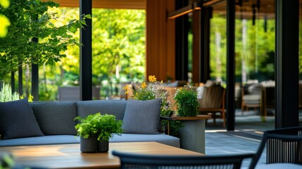 An outdoor lounge area featuring seating plants and natural light