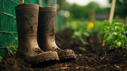 Gardening action muddy rubber boots next to freshly planted vegetables in a garden outdoor setting close-up view nature concept