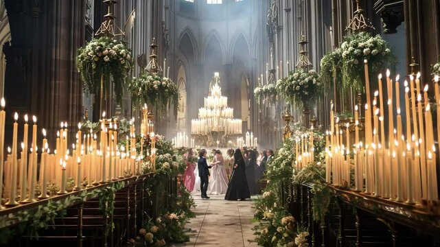 An Easter candle lighting ceremony takes place in a grand cathedral, with attendees gathered in reverence, surrounded by hundreds of glowing candles and beautiful floral arrangements