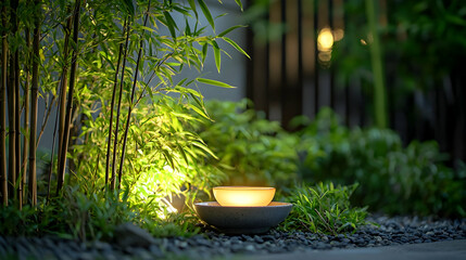 Peaceful Garden Setting With Bamboo And Warm Lighting © Revin