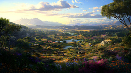 Naklejka premium Colorful Floral Valley Landscape At Sunset