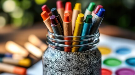 Obraz premium Colorful art supplies jar home studio photography natural light close-up creativity unleashed