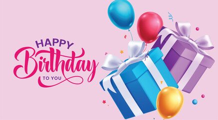 Happy birthday greeting card clipart banner. Birthday gift boxes and balloons decoration elements clip art for party invitation card in pink background vector illustration. 
