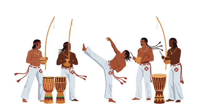 Capoeira roda with berimbau players and martial artist performing kick in traditional white pants