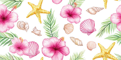 Hibiscus, starfish, seashell, Watercolor Tropical Seamless Pattern design for summer holidays background.