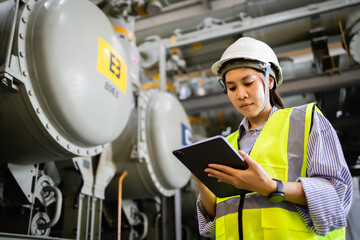 Engineer wearing safety helmet and vest inspects gas insulated switchgear in electric grid field using tablet for monitoring and maintenance tasks with focus and care