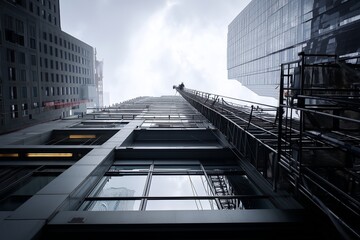 Fototapeta premium Worm's eye view of a tall building with a ladder reaching towards the sky on a cloudy day in the city