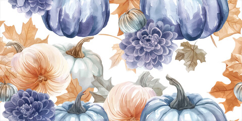 Watercolor Fall Pumpkins and Flowers Seamless Pattern. Elegant Autumn Harvest Repeat Background for Thanksgiving, Farmhouse Decor, and Textiles