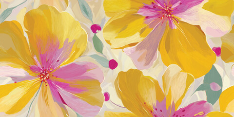 Vibrant Abstract Yellow Floral Seamless Pattern. Expressive Modern Blossom Repeat Background for Fashion, Textiles, and Artistic Design