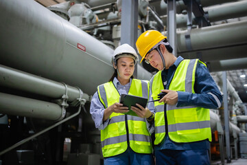 Two engineers wearing insulated safety vests and helmets inspect gas field equipment while discussing electric grid switchgear and GIS components in industrial setting