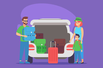 Family getting ready for road trip by loading their car with colorful suitcases and backpacks. Parents and child sharing smiles while organizing their luggage