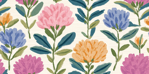 Textured Folk Art Floral Seamless beige Pattern. Vibrant Abstract Flower Repeat Background for Boho Decor, Fabric, and Stationery