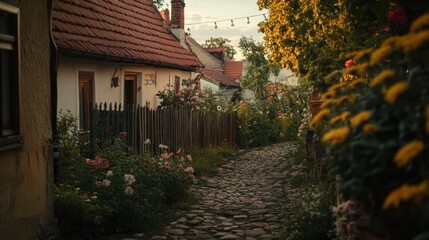 Fototapeta premium A quaint cobblestone path winds through a charming flower lined village