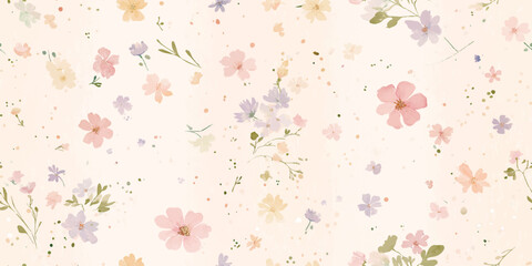 Delicate Watercolor Pastel Flowers Seamless Pattern. Soft Botanical Repeat Background for Baby, Wedding, and Gentle Designs