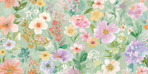 Vibrant Watercolor Garden Floral Seamless Pattern. Cheerful Spring Blossom Repeat Background for Textiles, Home Decor, and Stationery