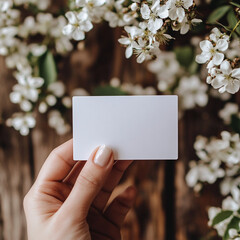 Blank business card held against a spring floral background.ai generated