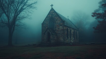 An old stone church sits amid dense fog and barren trees