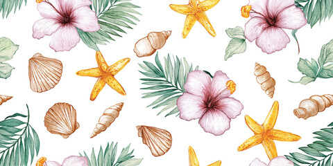 Vibrant Tropical Hibiscus and Seashells Seamless Pattern. Exotic Beach Repeat Background for Summer Fashion and Coastal Decor
