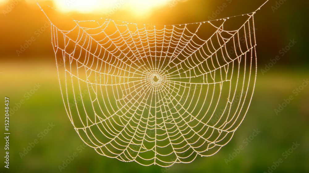 Poster serene image of spider web glistening with dew in morning light, creating tranquil atmosphere