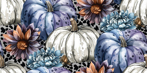 Chic Autumn Pumpkins and Dark Florals Seamless Pattern. Modern Fall Harvest Repeat Background with Abstract Spots for Fashion and Decor