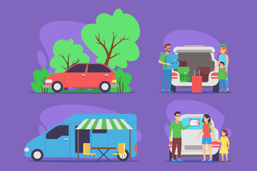Families enjoying various activities in vibrant natural setting. One family unpacking their vehicle, while another getting ready to enjoy food from mobile vendor