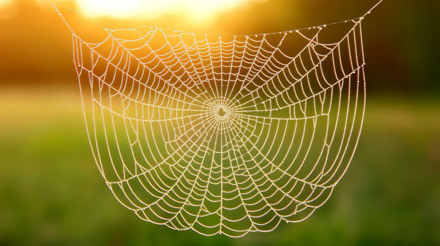 Serene image of spider web glistening with dew in morning light, creating tranquil atmosphere