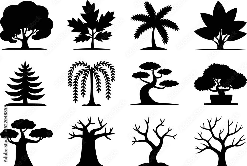 Poster vector trees silhouettes set different types of trees vector illustration nature landscape design el