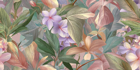 Exotic Tropical Floral and Palm Leaves Seamless Pattern. Lush Jungle Bloom Repeat Background for Resort Wear, Textiles, and Wall Decor