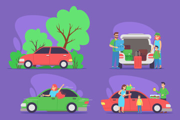Colorful set of various family car activities, including scenes of packing, enjoying rides, and playful interactions among family members. Travel concept